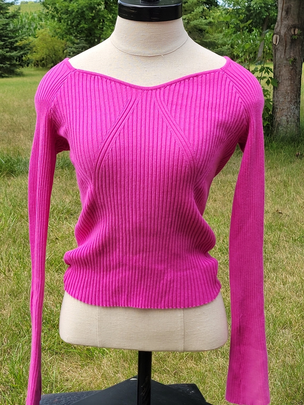 Women’s Off-the-Shoulder Ribbed & Fitted Sweater - Hot Pink Size XS